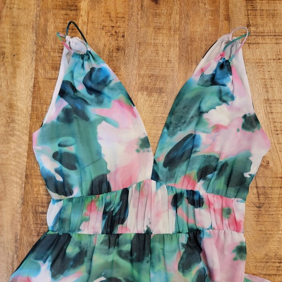 Zara Jumpsuit Pantsuit Floral Wide Leg Green Pink Sleeveless Chiffon V-Neck Sz S - Picture 8 of 11